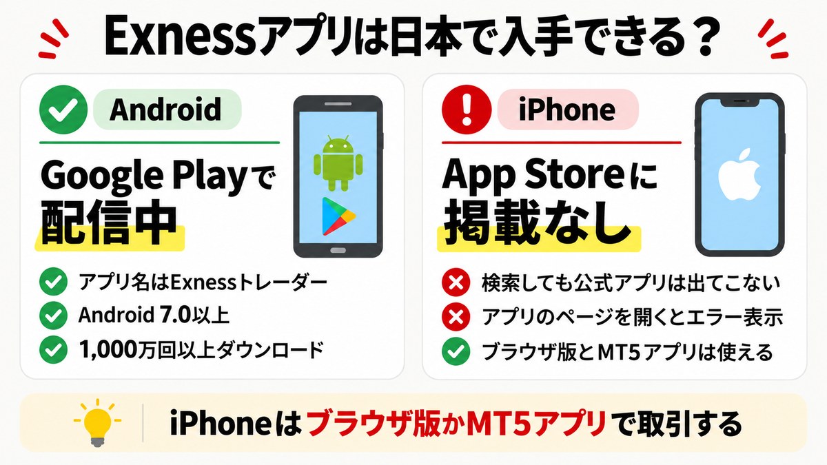 Exnessアプリは日本で入手できるか。AndroidはGoogle Playで配信中、iPhoneはApp Storeに掲載なし