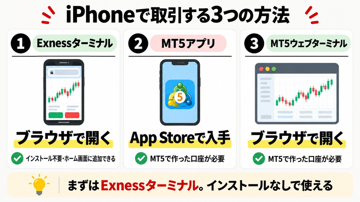 iPhoneでExnessを取引する3つの方法。Exnessターミナル、MT5アプリ、MT5ウェブターミナル