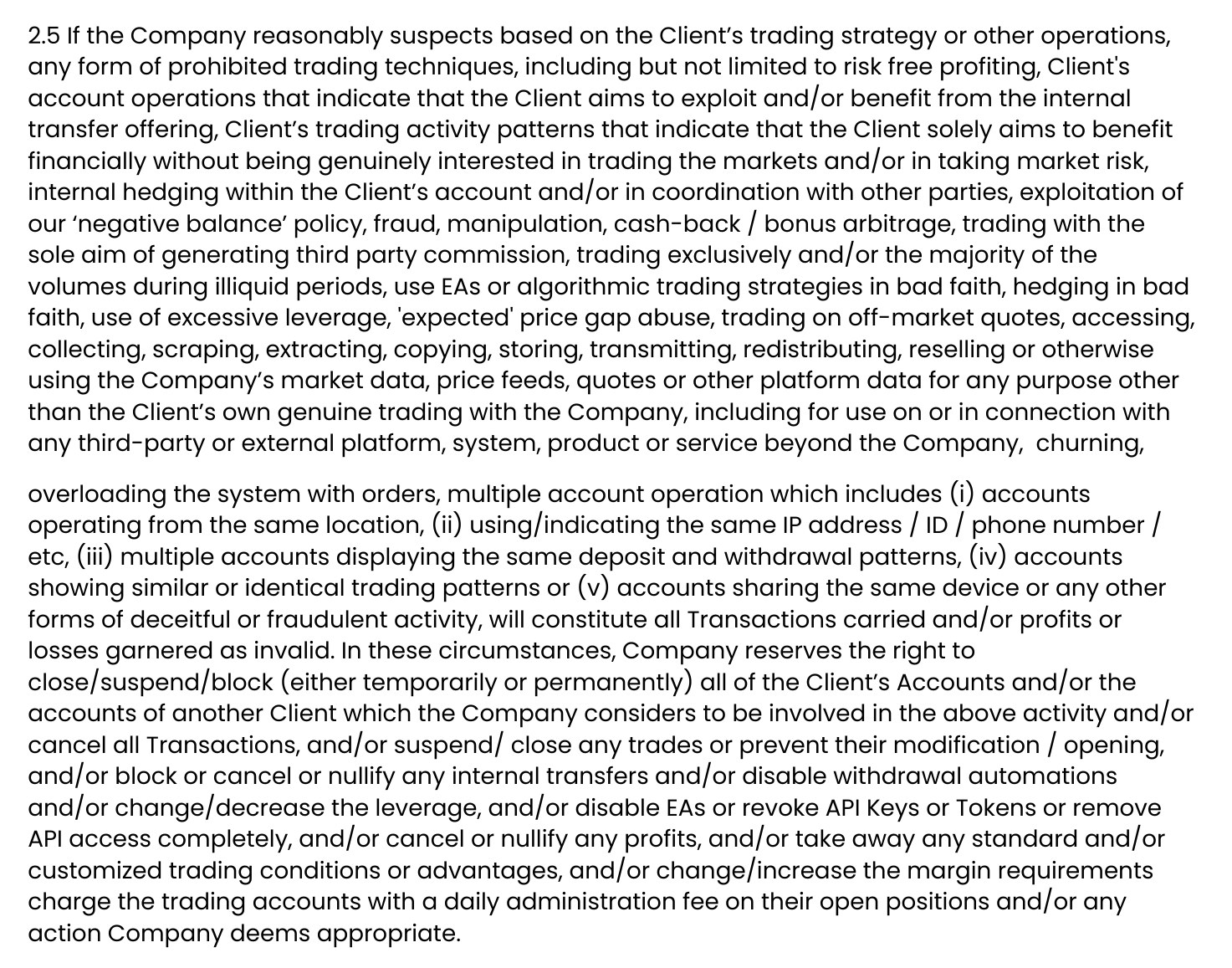 Exness顧客契約 PART C 2.5条の原文。overloading the system with orders、illiquid periods、price gap abuse、churning などの禁止手法を列挙