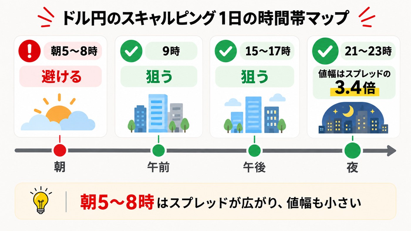 ドル円のスキャルピング1日の時間帯マップ。朝5〜8時は避け、9時・15〜17時・21〜23時を狙う