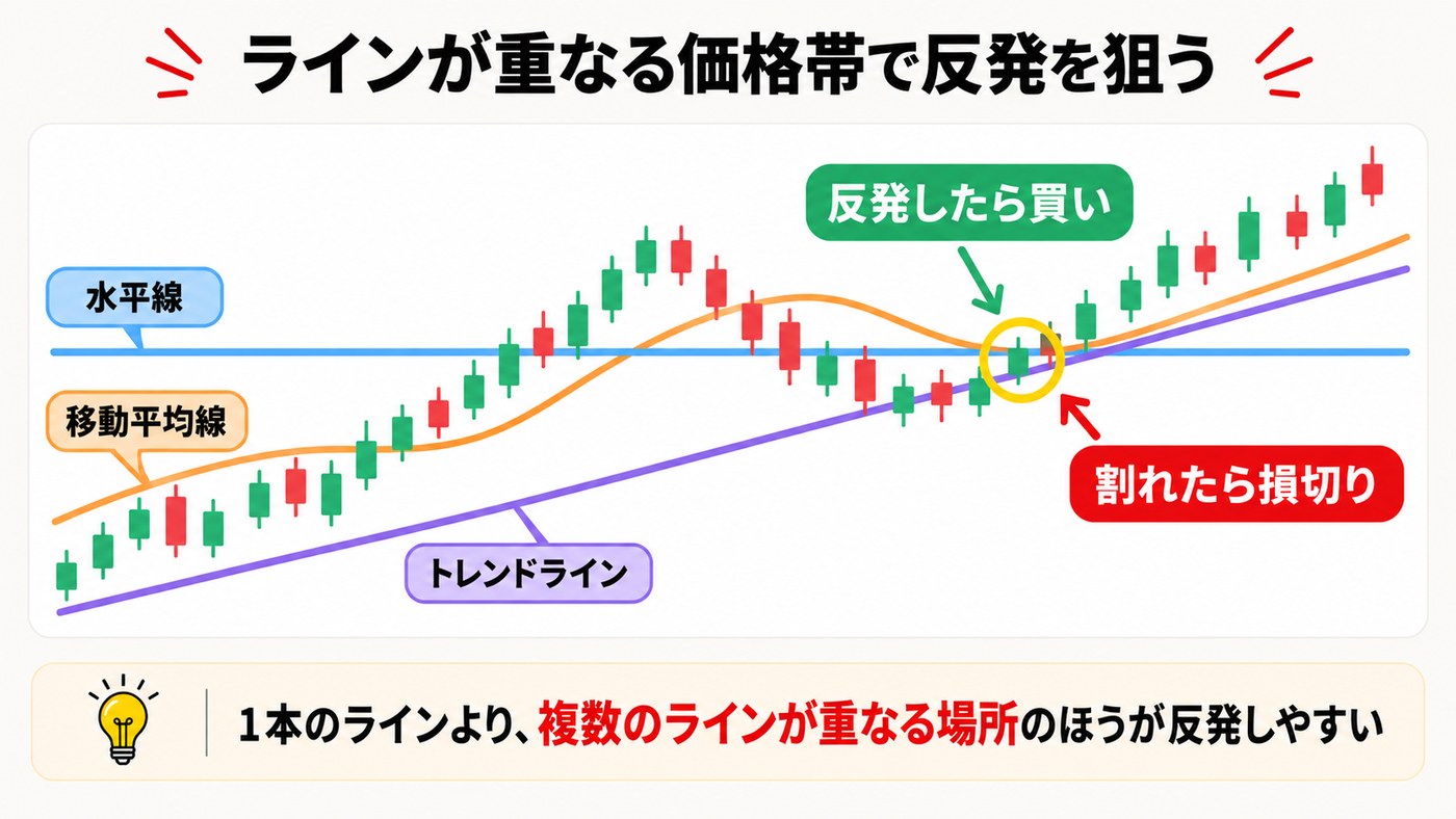 水平線・移動平均線・トレンドラインが重なる価格帯で反発を狙うスキャルピングの図