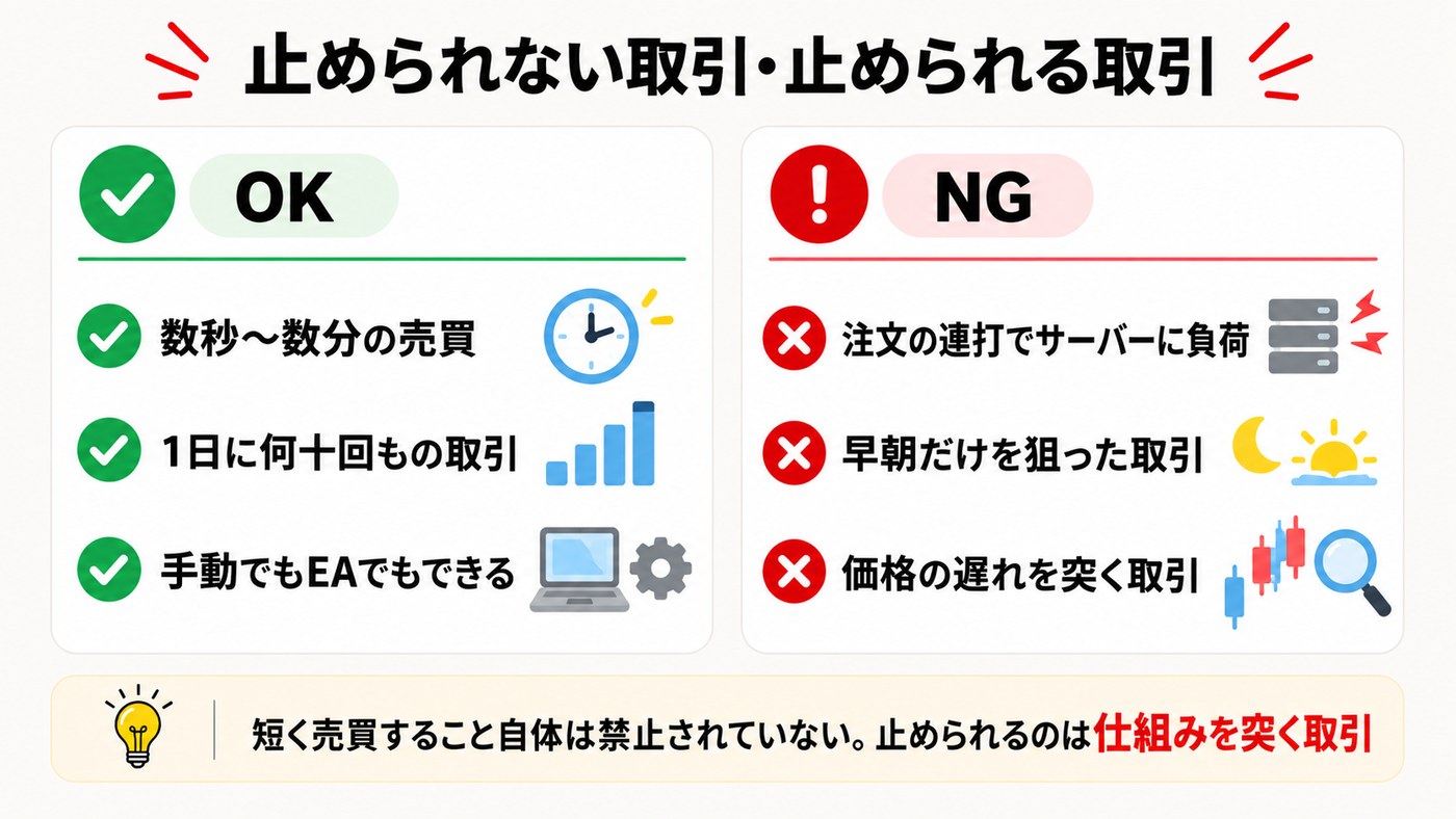 Exnessで止められない取引と止められる取引。数秒〜数分の売買はOK、注文の連打や早朝だけの取引はNG