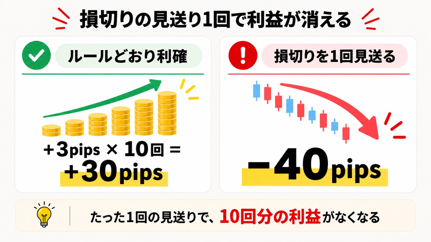 損切りの見送り1回で利益が消える。3pipsの利確10回で30pips、損切りを1回見送ると40pipsの損失