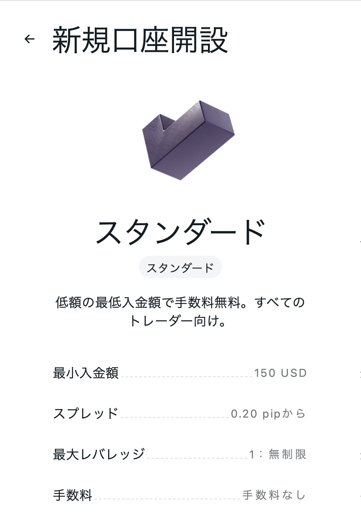 Exness会員ページの新規口座開設画面。スタンダード口座は最小入金額150 USD・スプレッド0.20 pipから・手数料なし
