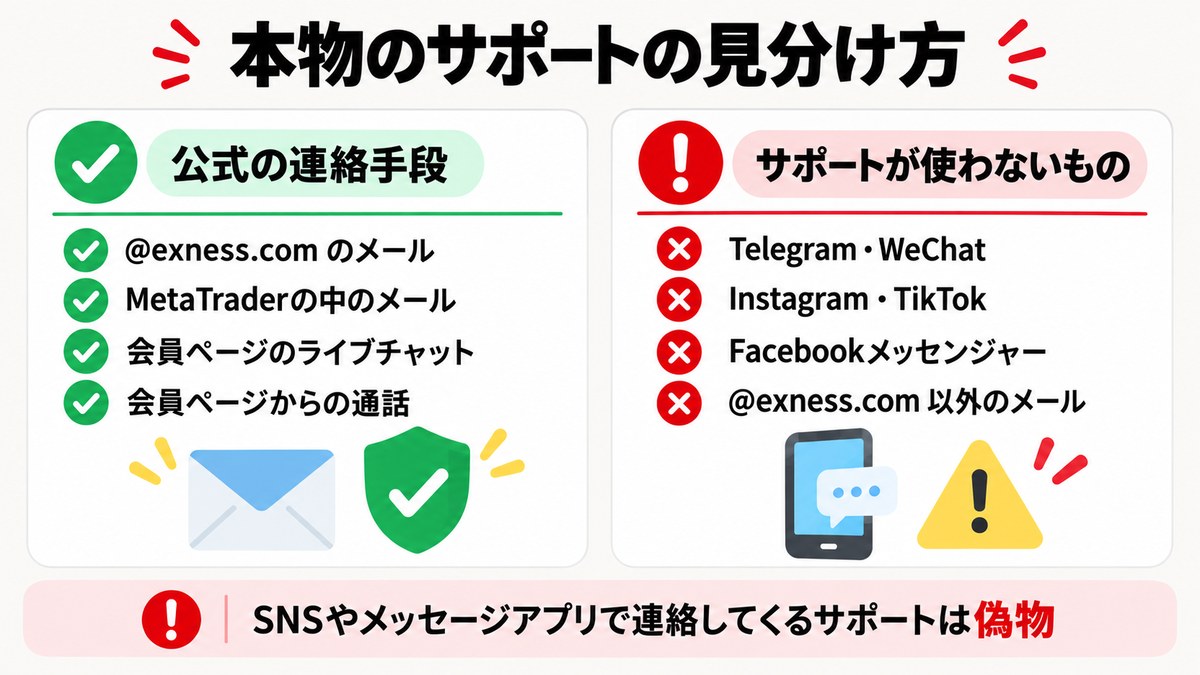 本物のExnessサポートの見分け方。公式は@exness.comのメール・MetaTrader内のメール・会員ページのチャットと通話。Telegram・WeChat・Instagram・TikTokなどは使わない