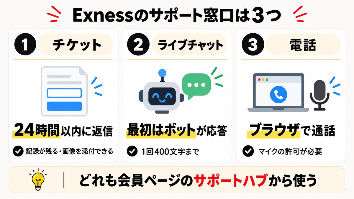 Exnessのサポート窓口は3つ。チケットは24時間以内に返信、ライブチャットは最初にボットが応答、電話はブラウザで通話