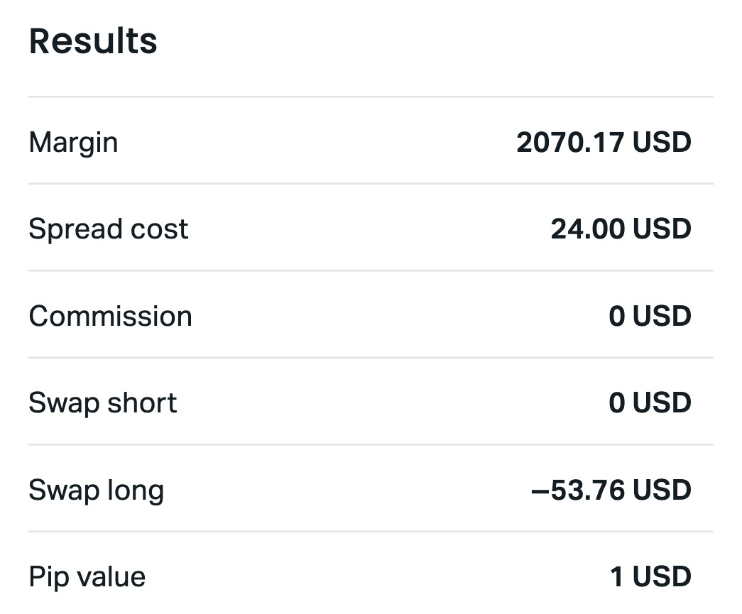 Exnessのトレーディングカリキュレーターの計算結果。スタンダード口座・XAUUSDm・1ロットで Swap short 0 USD、Swap long −53.76 USD、Pip value 1 USD