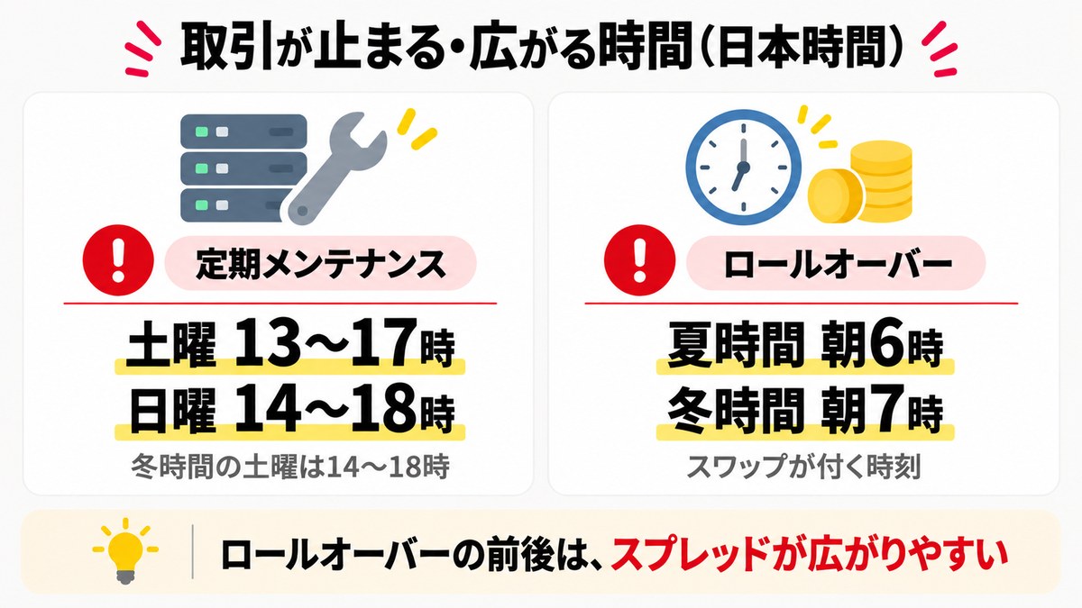 Exnessで取引が止まる・広がる時間。定期メンテナンスは土曜13〜17時・日曜14〜18時、ロールオーバーは夏時間の朝6時・冬時間の朝7時
