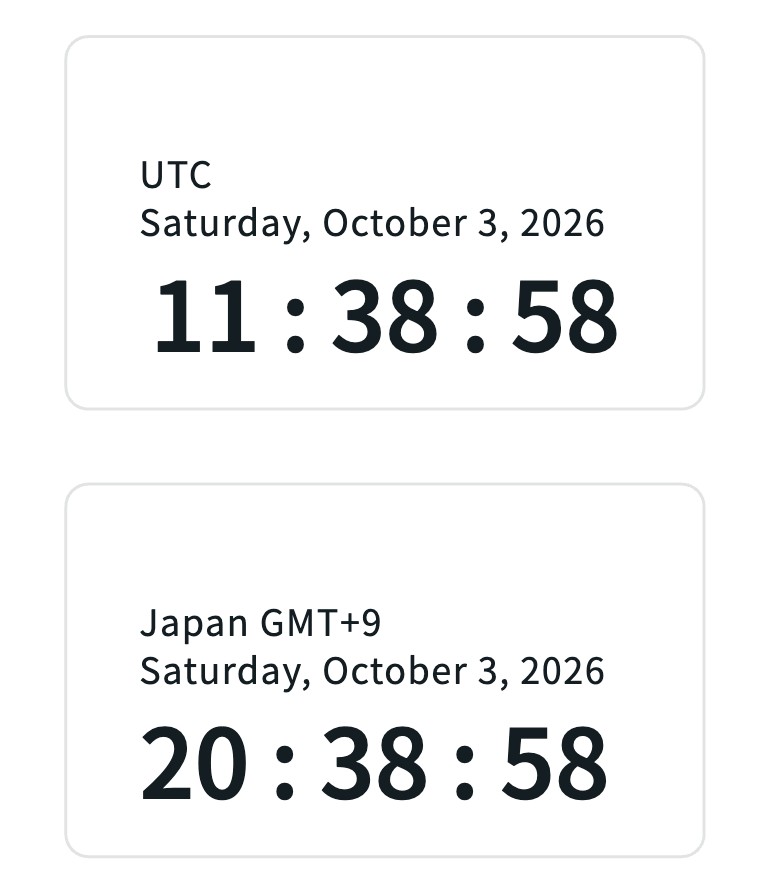 Exness公式ヘルプの時計。UTCが11時38分のとき日本時間は20時38分