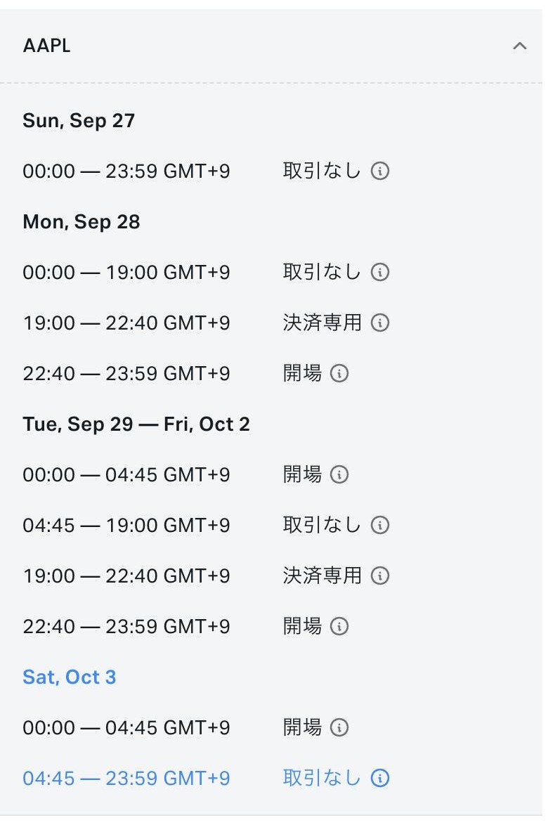 Exness公式スケジュール表のAAPL。19:00から22:40は決済専用、22:40から開場