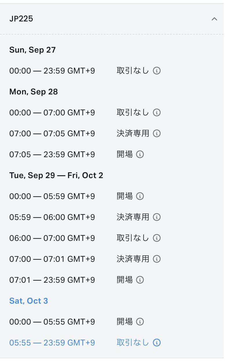 Exness公式スケジュール表のJP225。平日は5:59から7:01まで新規注文ができない