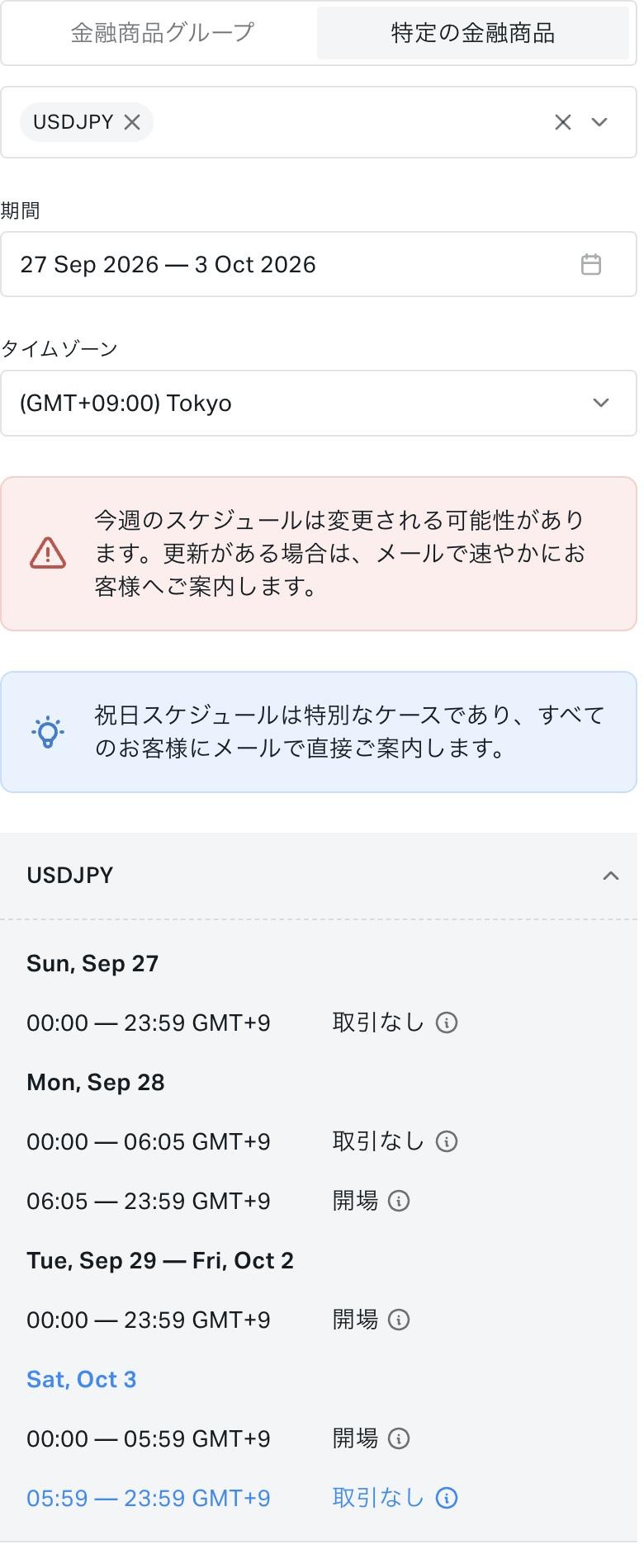 Exness公式スケジュール表のUSDJPY。月曜6:05に開場し、土曜5:59から取引なし