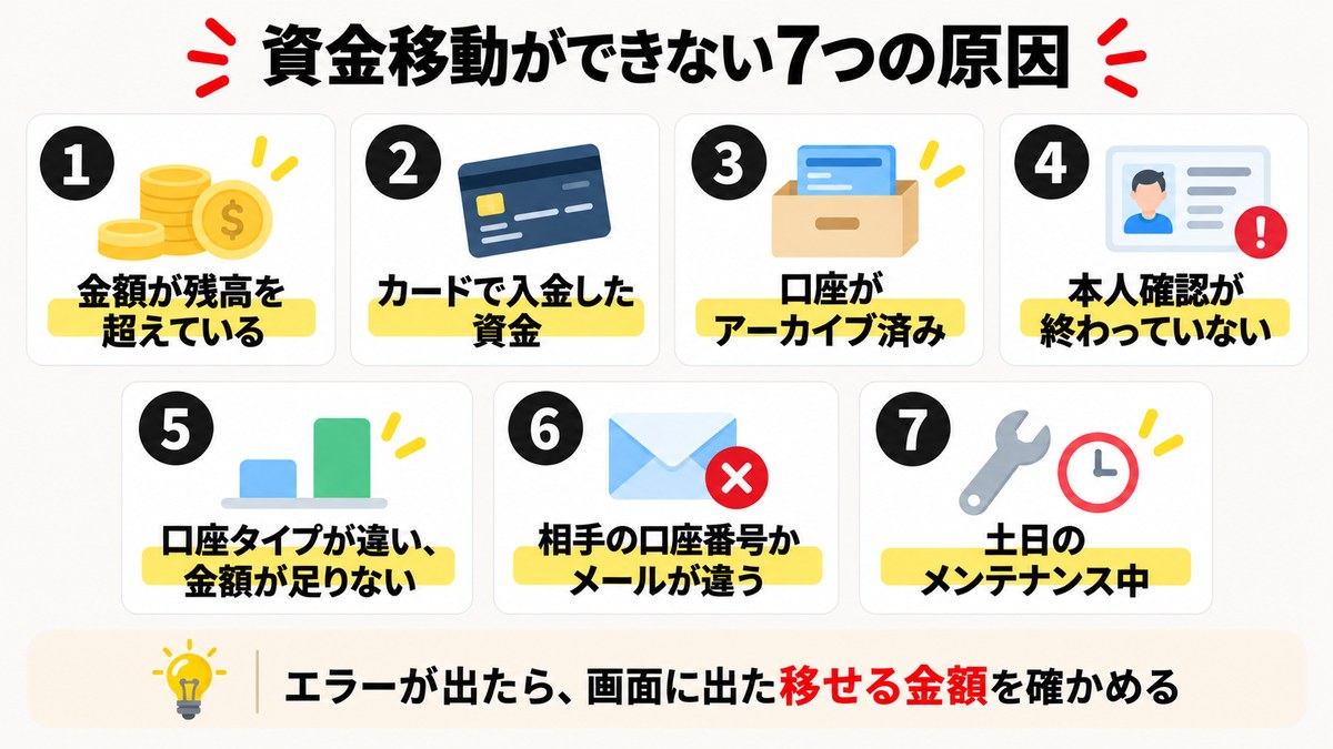 Exnessで資金移動ができない7つの原因。金額が残高を超えている、カードで入金した資金、口座がアーカイブ済み、本人確認が終わっていない、口座タイプが違い金額が足りない、相手の口座番号かメールが違う、土日のメンテナンス中