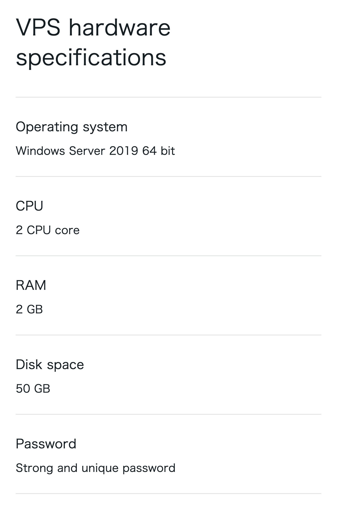 Exness公式サイトのVPSのスペック表。Windows Server 2019 64bit・2コア・2GB・50GB