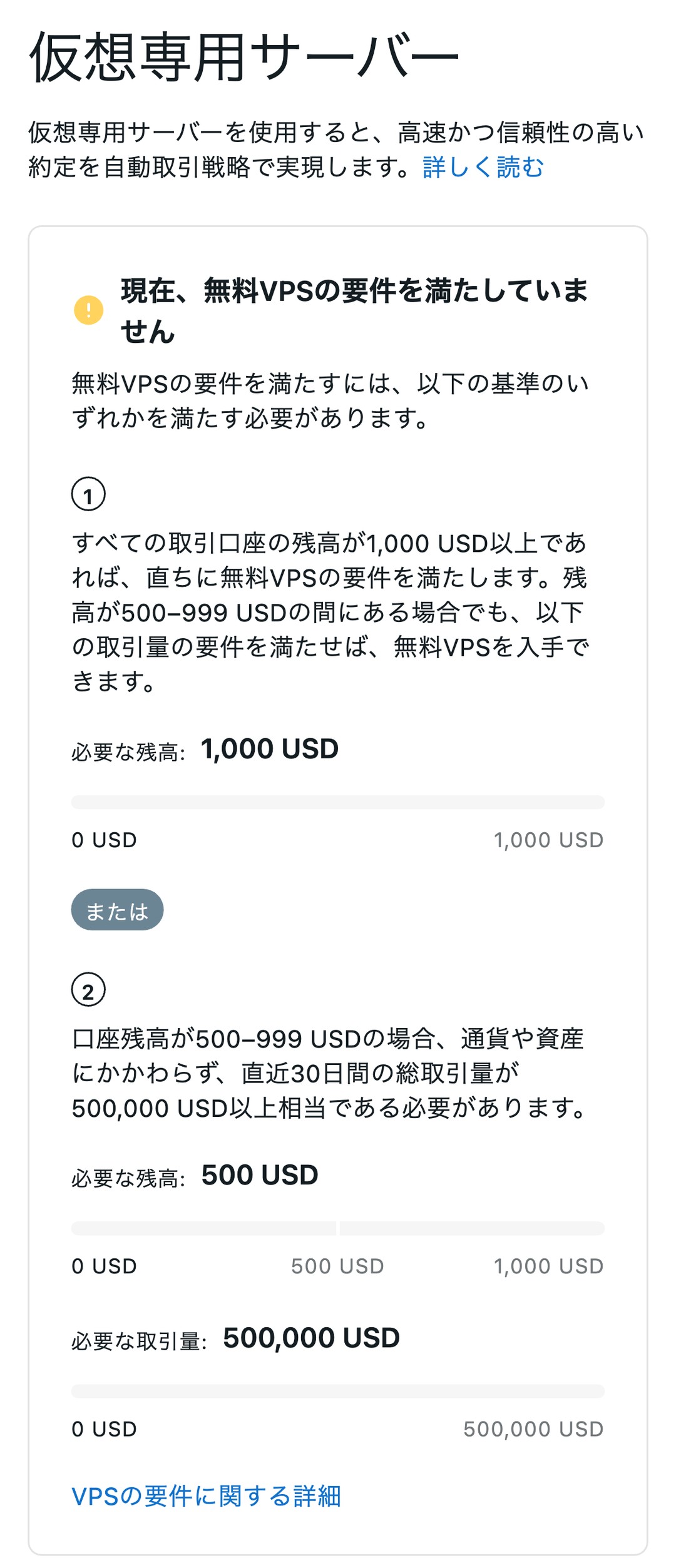 Exnessの会員ページ「仮想専用サーバー」に表示される無料VPSの条件
