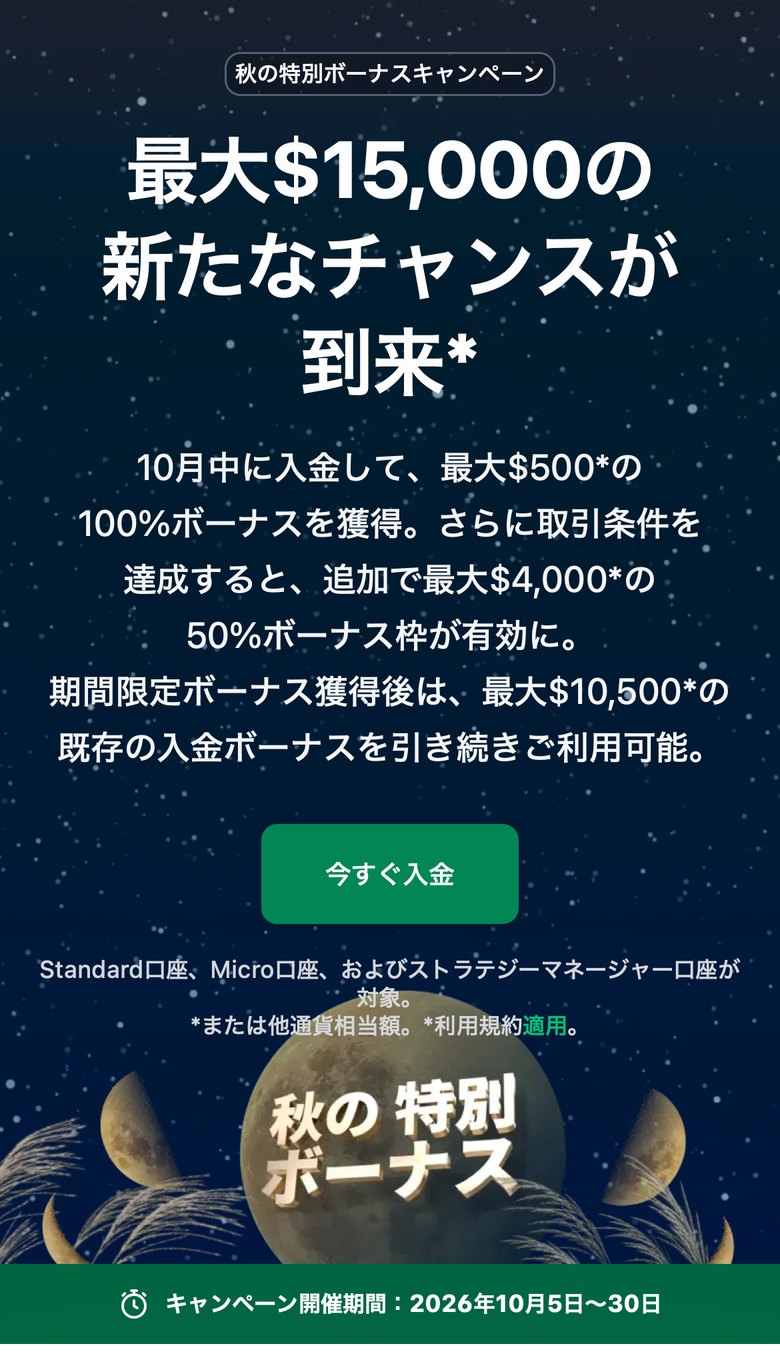 XMTrading公式の秋の特別ボーナスキャンペーンのページ。対象はStandard口座・Micro口座・ストラテジーマネージャー口座、開催期間は2026年10月5日〜30日