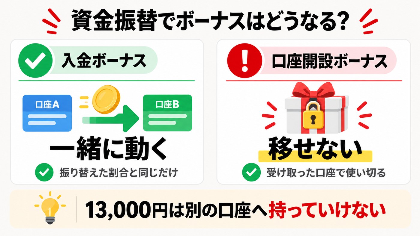 資金振替でのボーナスの扱い。入金ボーナスは振り替えた割合と同じだけ一緒に動き、口座開設ボーナスは別の口座へ移せない
