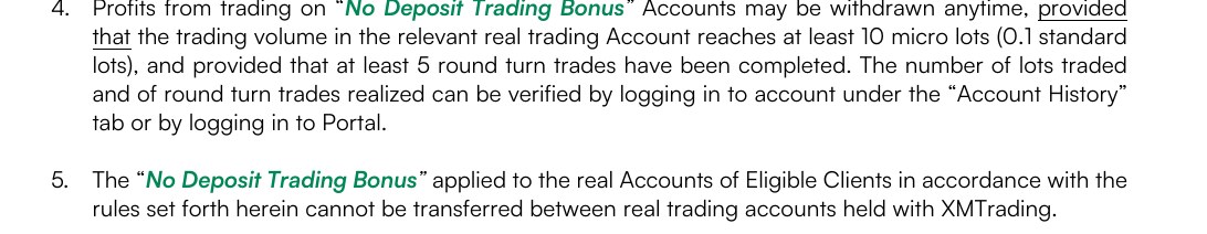 XMTrading口座開設ボーナス規約のC-4項とC-5項(英語)。利益は取引量が10マイクロロット(0.1スタンダードロット)以上かつ5往復以上で出金でき、ボーナスはリアル口座間で振り替えられない、と定めている