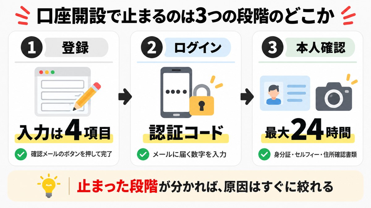 XMの口座開設で止まるのは登録・ログイン・本人確認の3つの段階のどこか