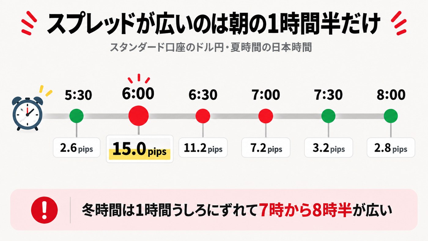 XMのスプレッドが広いのは朝の1時間半だけ。スタンダード口座の米ドル円は5時30分2.6、6時15.0、6時30分11.2、7時7.2、7時30分3.2、8時2.8pips。冬時間は1時間うしろにずれる