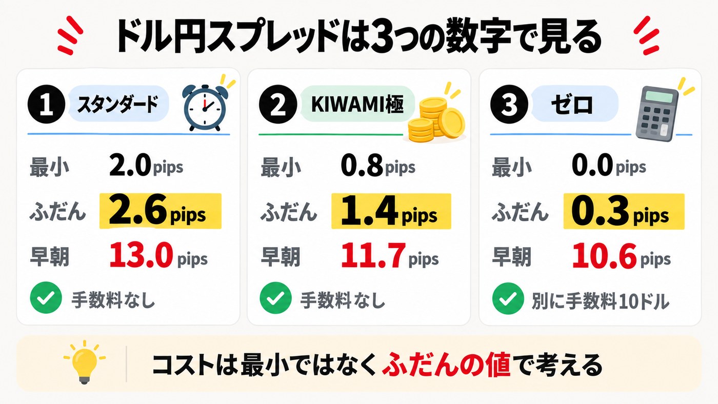 XMの米ドル円スプレッドは3つの数字で見る。スタンダードは最小2.0・ふだん2.6・早朝13.0pips、KIWAMI極は0.8・1.4・11.7pips、ゼロは0.0・0.3・10.6pipsで別に手数料10ドル