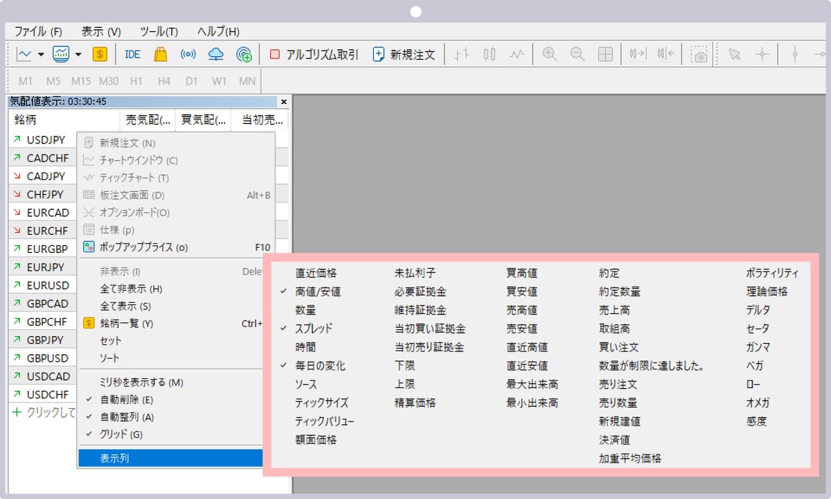 PC版MT5の気配値表示を右クリックし、「表示列」から「スプレッド」を選ぶ画面