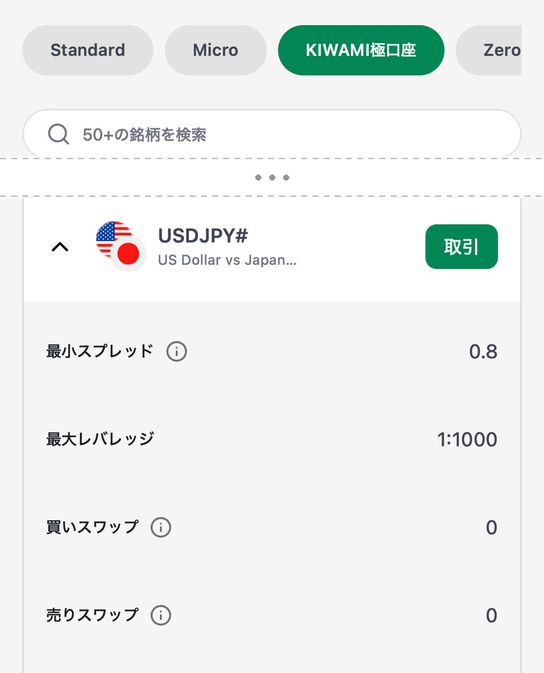 XM公式サイトのFX銘柄一覧(KIWAMI極口座)。USDJPY#は最小スプレッド0.8、最大レバレッジ1:1000、買いスワップと売りスワップは0と表示されている