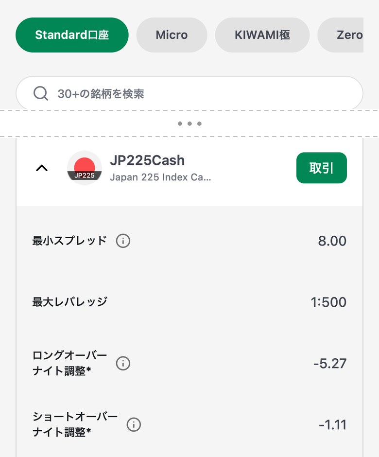 XM公式サイトの株価指数の一覧(Standard口座)。JP225Cashは最小スプレッド8.00、最大レバレッジ1:500と表示されている