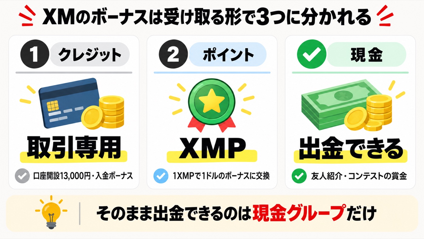 XMのボーナスは受け取る形で3つに分かれる｜クレジット・ポイント・現金