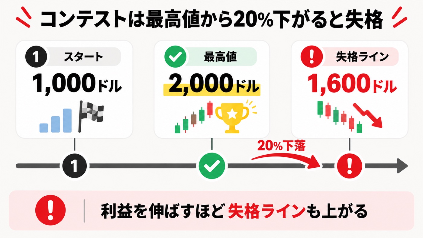 XMのコンテストは最高値から20%下がると失格｜スタート1,000ドル・最高値2,000ドルなら失格ラインは1,600ドル